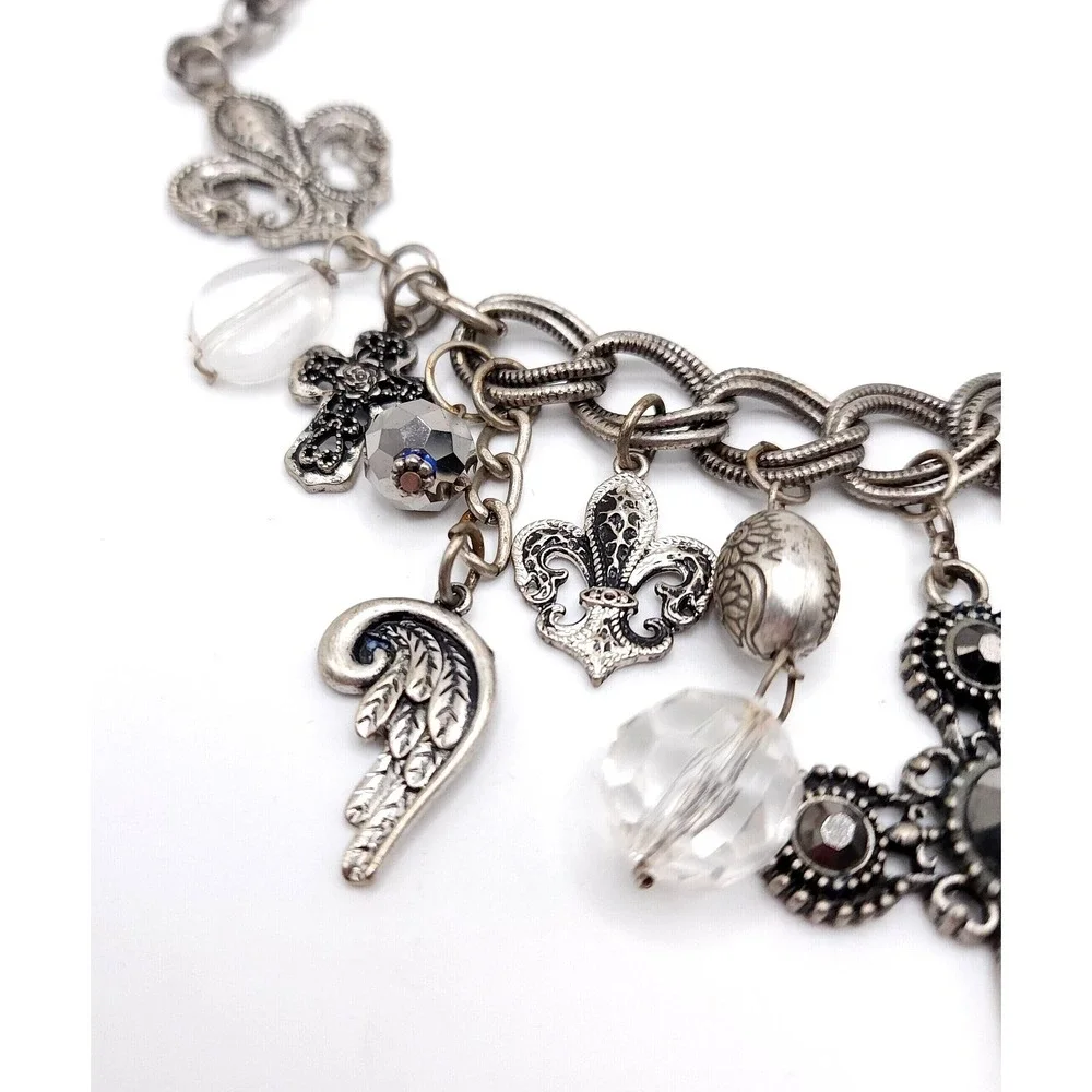 Silver Charm Necklace Cross Rhinestone Fleur De Lis Gothic - Picture 5 of 8